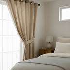 Light brown patterned curtain panels hanging on a rod in a bright bedroom, tied back from a window beside a bed with white bedding and a small wooden nightstand.