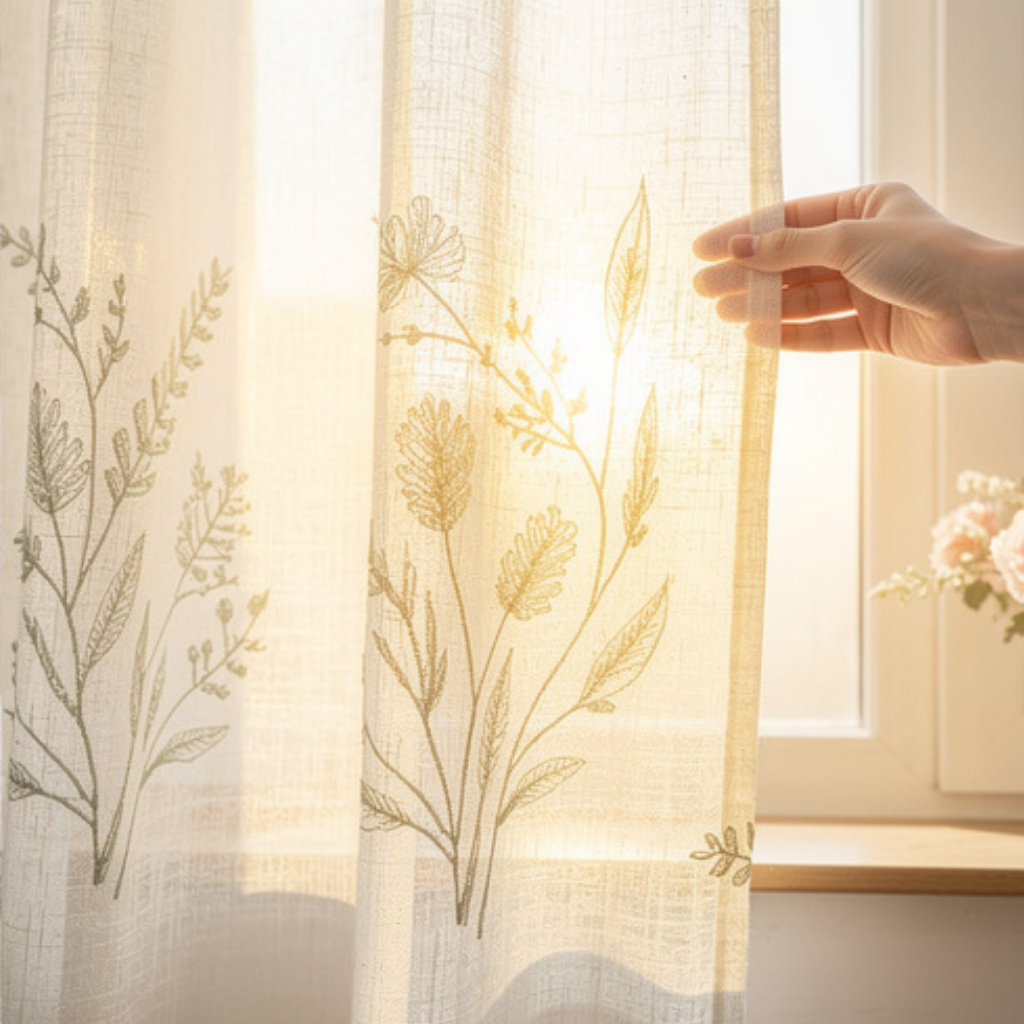 Linen Sheer - Green Herbs & Stems Print  - Pack Of 1 Curtain