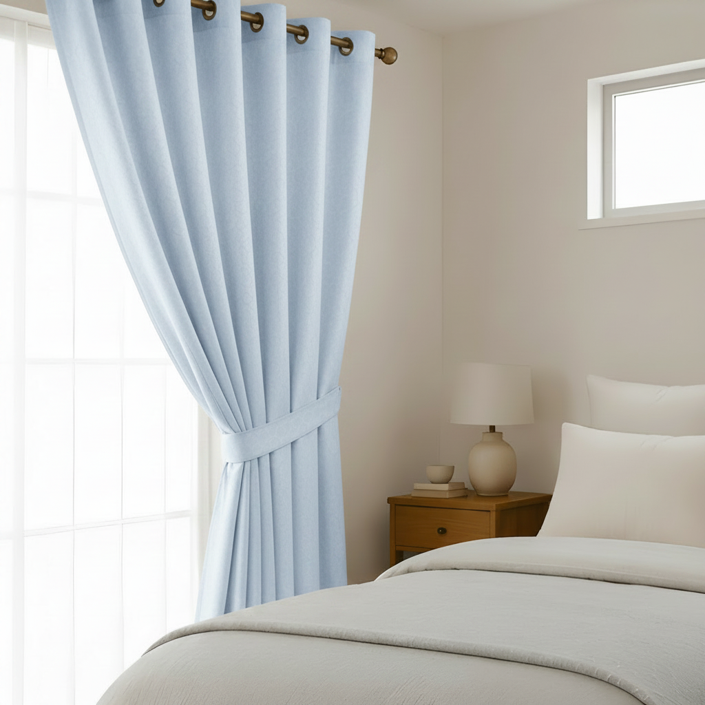Light blue textured grommet curtains tied back from a window in a softly lit bedroom with a bed, nightstand, and lamp.