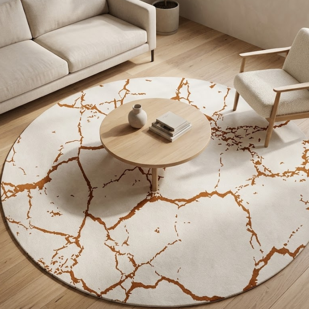 White & Orange line pattern rug design - Circle - Premium Wool Carpet