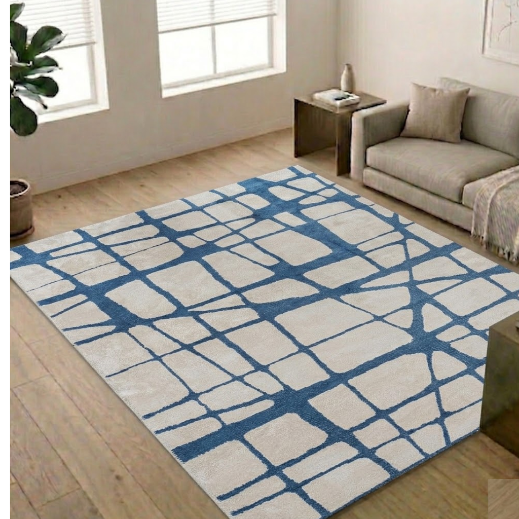 Premium white & Blue line design  - Rectangle - Premium Wool Carpet