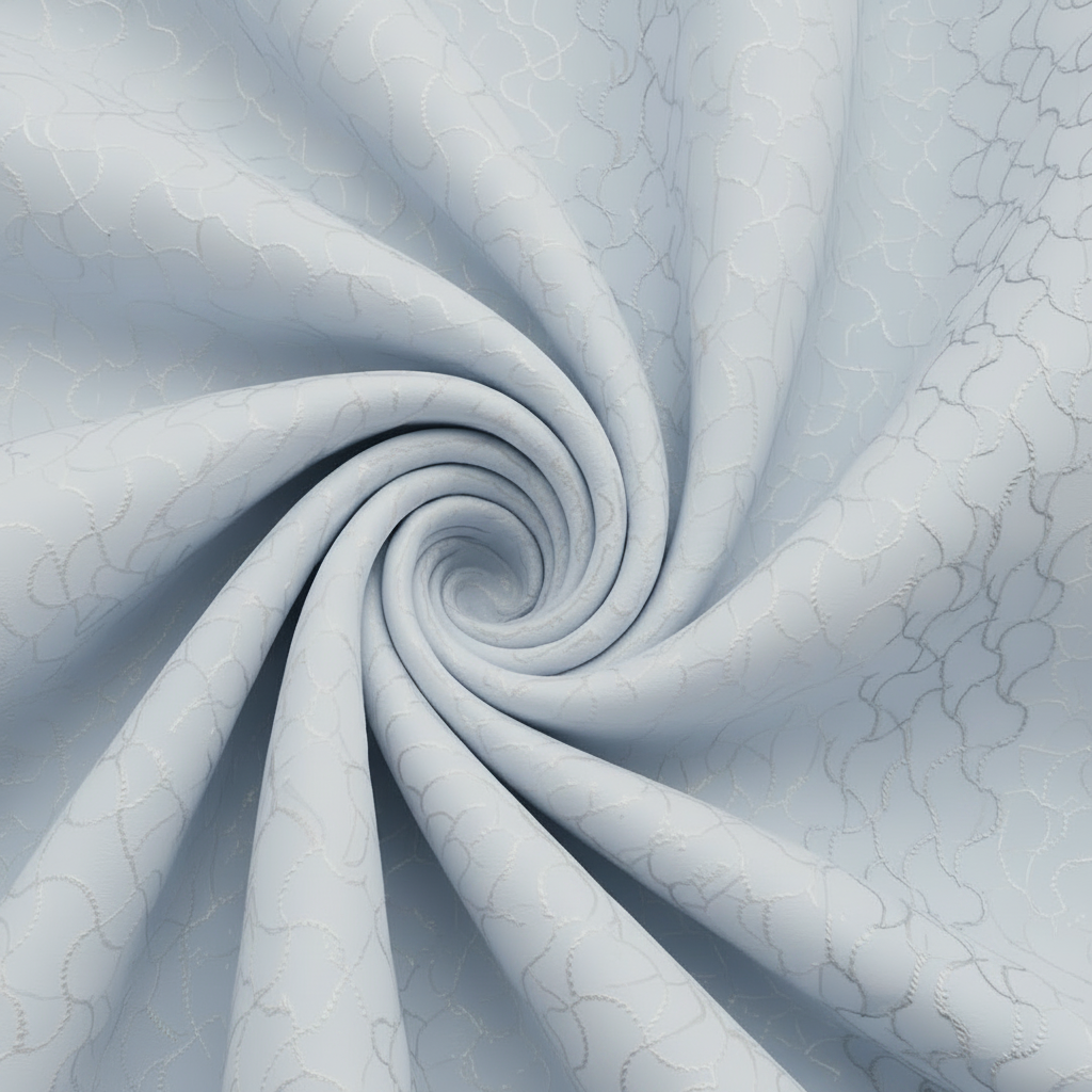 Light blue fabric with a subtle repeating wavy line pattern, arranged in a spiral drape to show texture and drape.