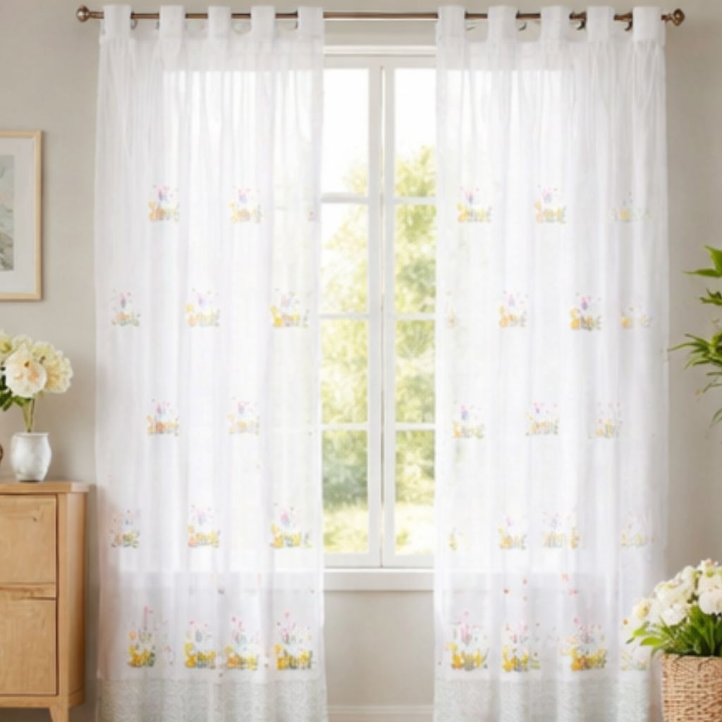 Linen Sheer - White Fabric with Floral Print - Pack Of 1 Curtain