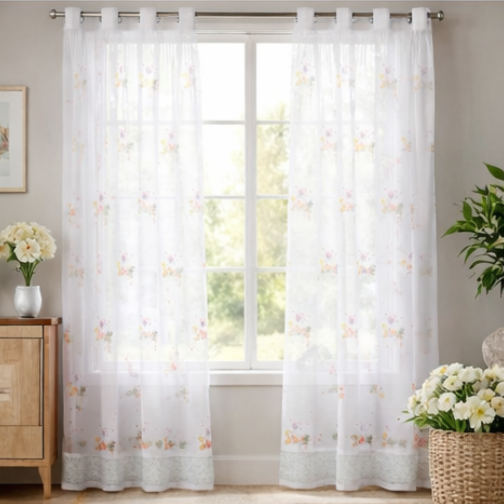 Linen Sheer - Orange Pink Flower Print with Bottom Lace - Pack Of 1 Curtain
