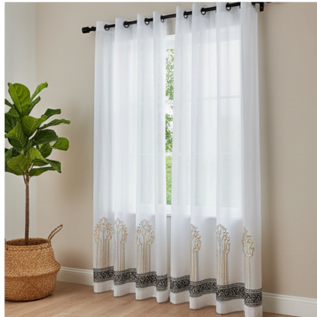 Linen Sheer - Gold and Black Patterns Print - Pack Of 1 Curtain