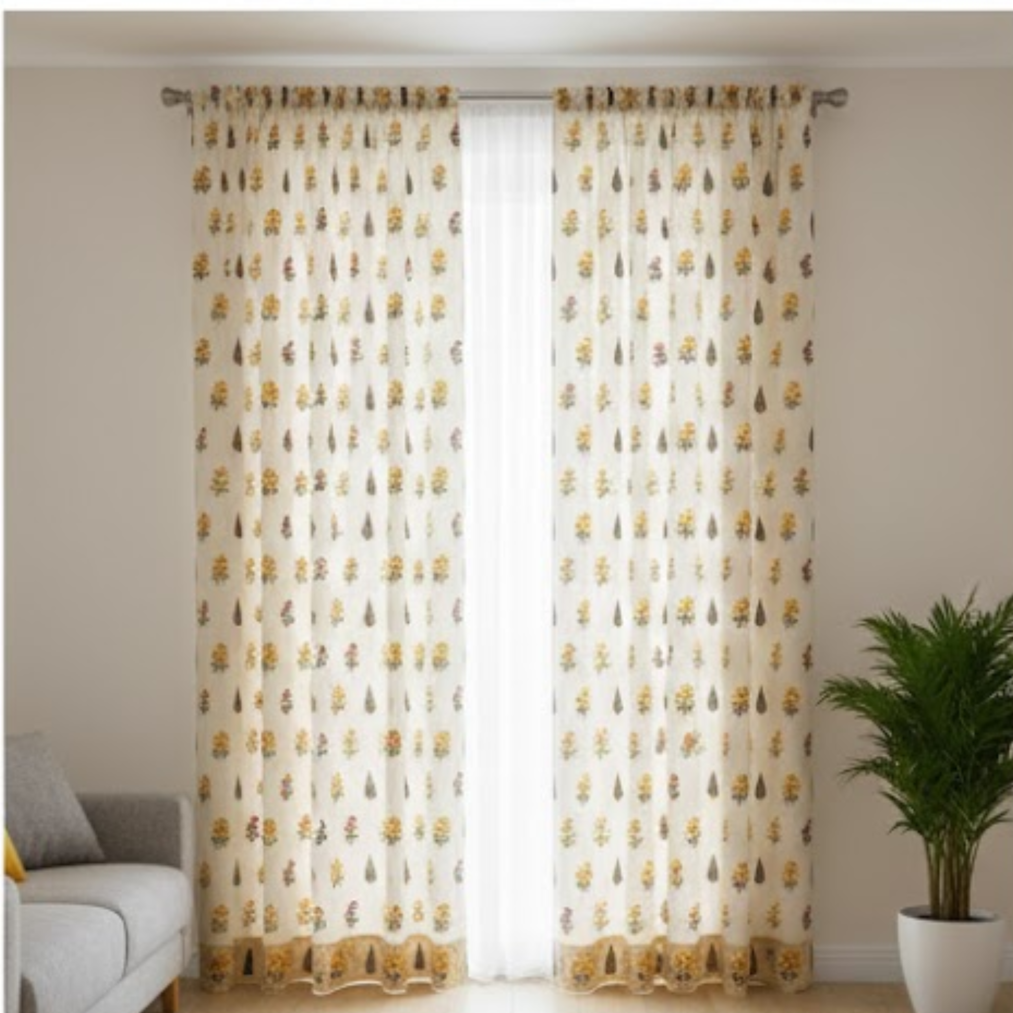 Cotton Light  - Room Darkening Floral Beige Curtains - Pack of 1 Curtain