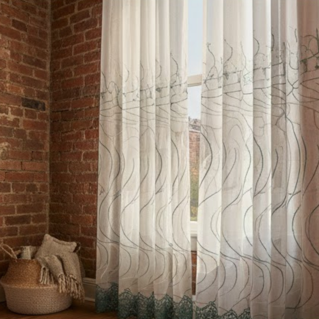 Linen Sheer - Green Floral Print - Pack Of 1 Curtain