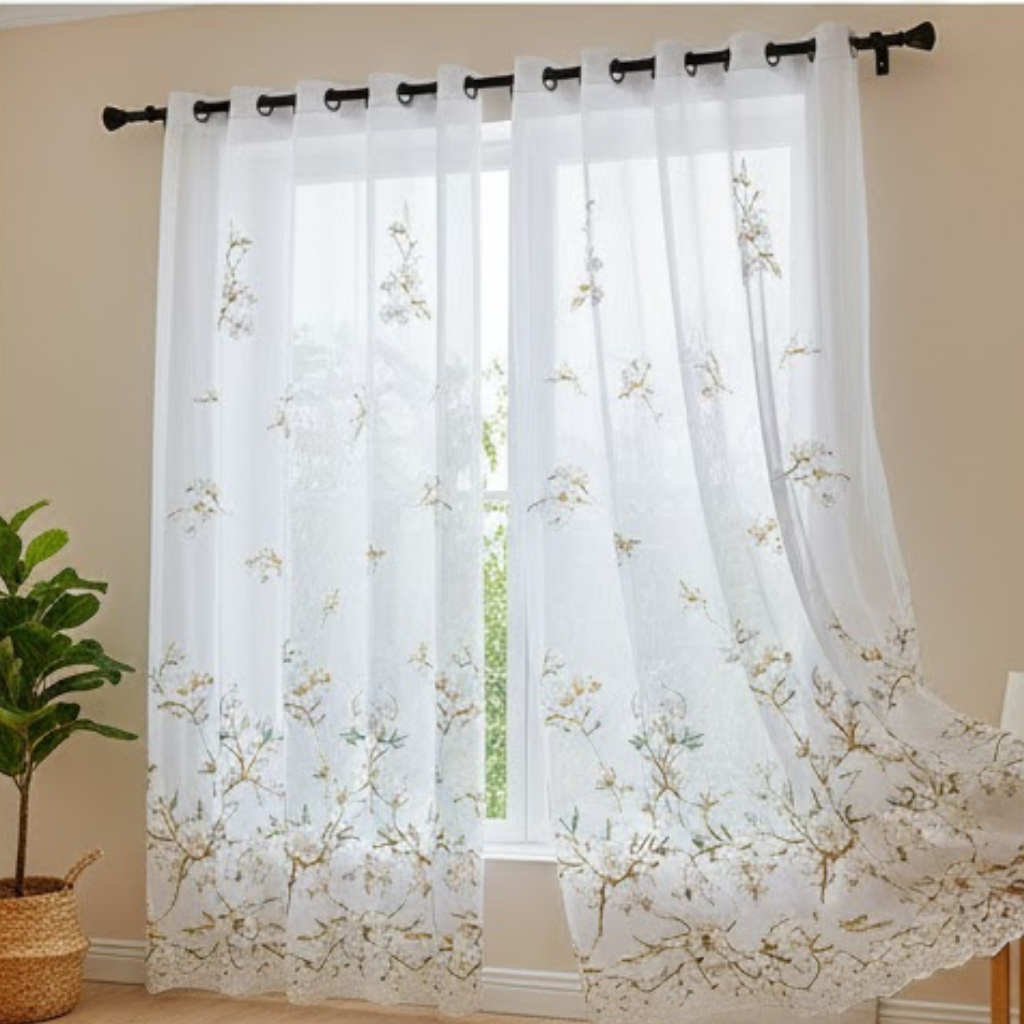 Linen Sheer - Gold and Green Floral Print - Pack Of 1 Curtain