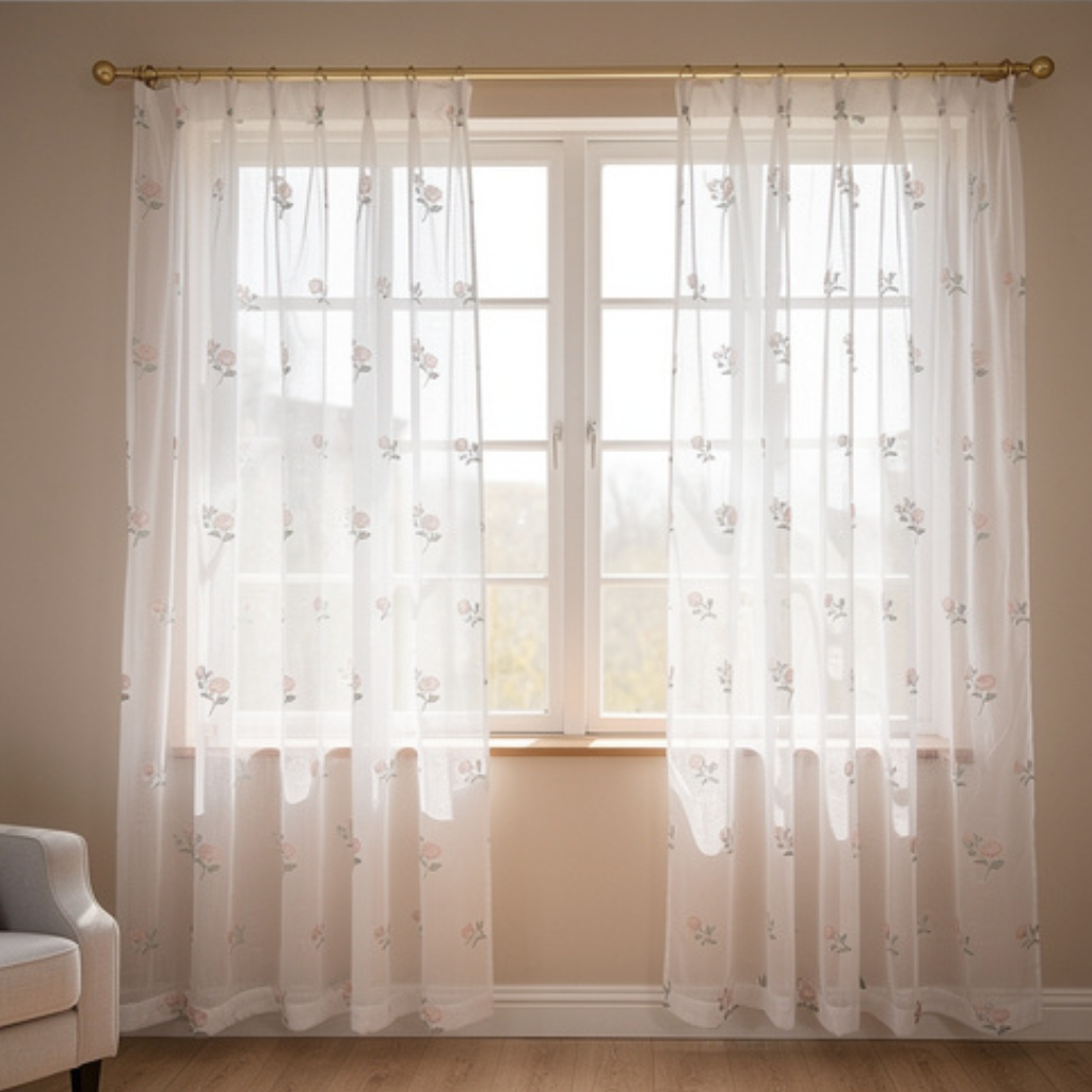 Linen Sheer - Pink Rose Print - Pack Of 1 Curtain
