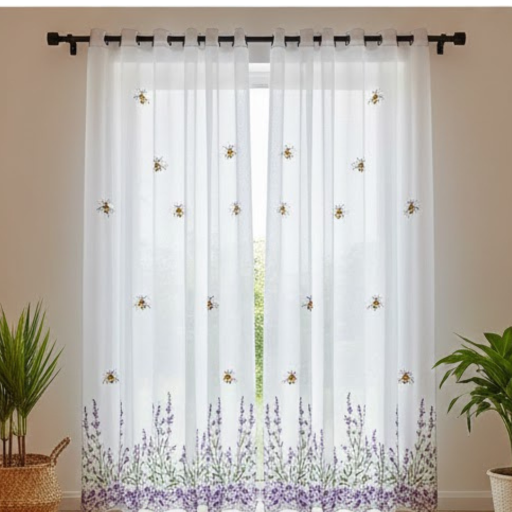 Linen Sheer - Bee Designs Lavendar Flower Print - Pack Of 1 Curtain