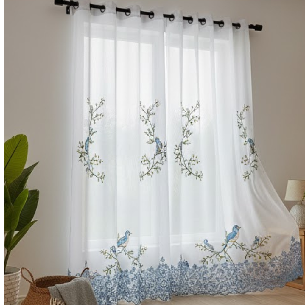 Linen Sheer - Blue birds and Floral patterns Print - Pack Of 1 Curtain