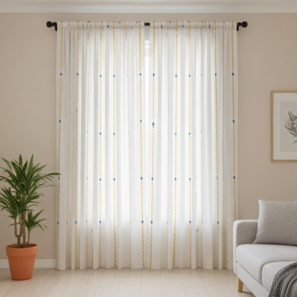 Cotton Light - Yellow Stripes Blue Kalash Print - Pack of 1 Curtain