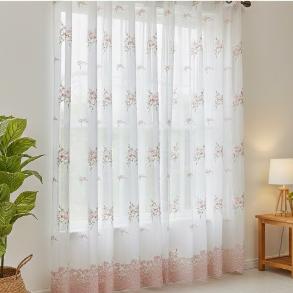 Linen Sheer - White Floral Print - Pack Of 1 Curtain