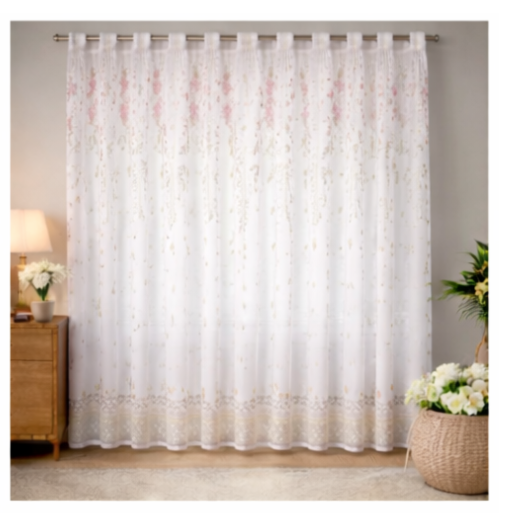 Linen Sheer -  Floral curtains with lace trim Print - Pack Of 1 Curtain