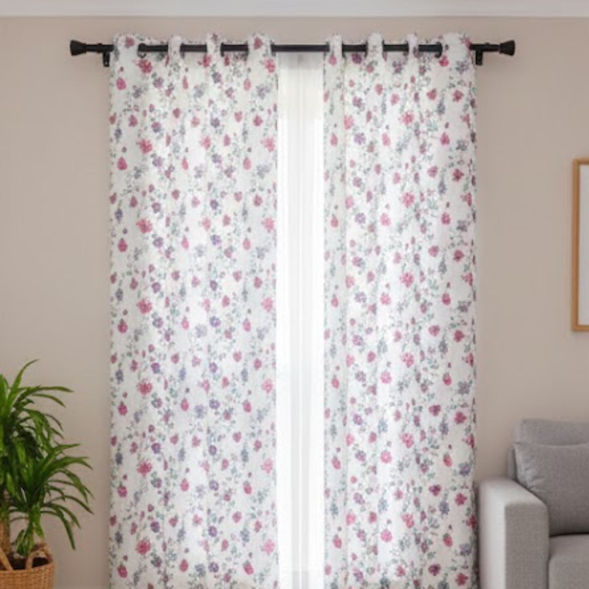 Cotton Light - Room Darkening Floral Printing White Curtains - Pack of 1 Curtain