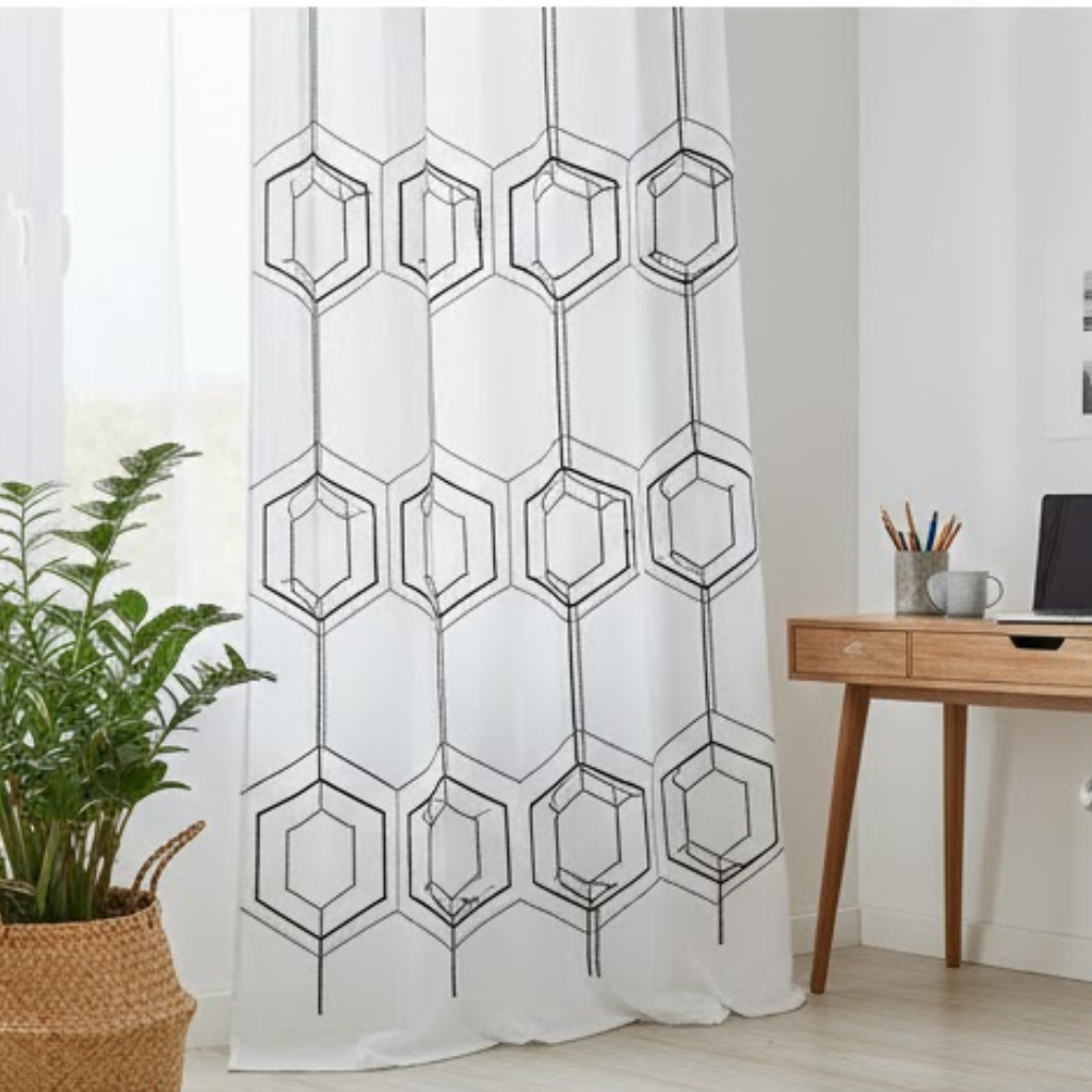 Linen Sheer - Geometric Pattern with black  lines  - Pack Of 1 Curtain