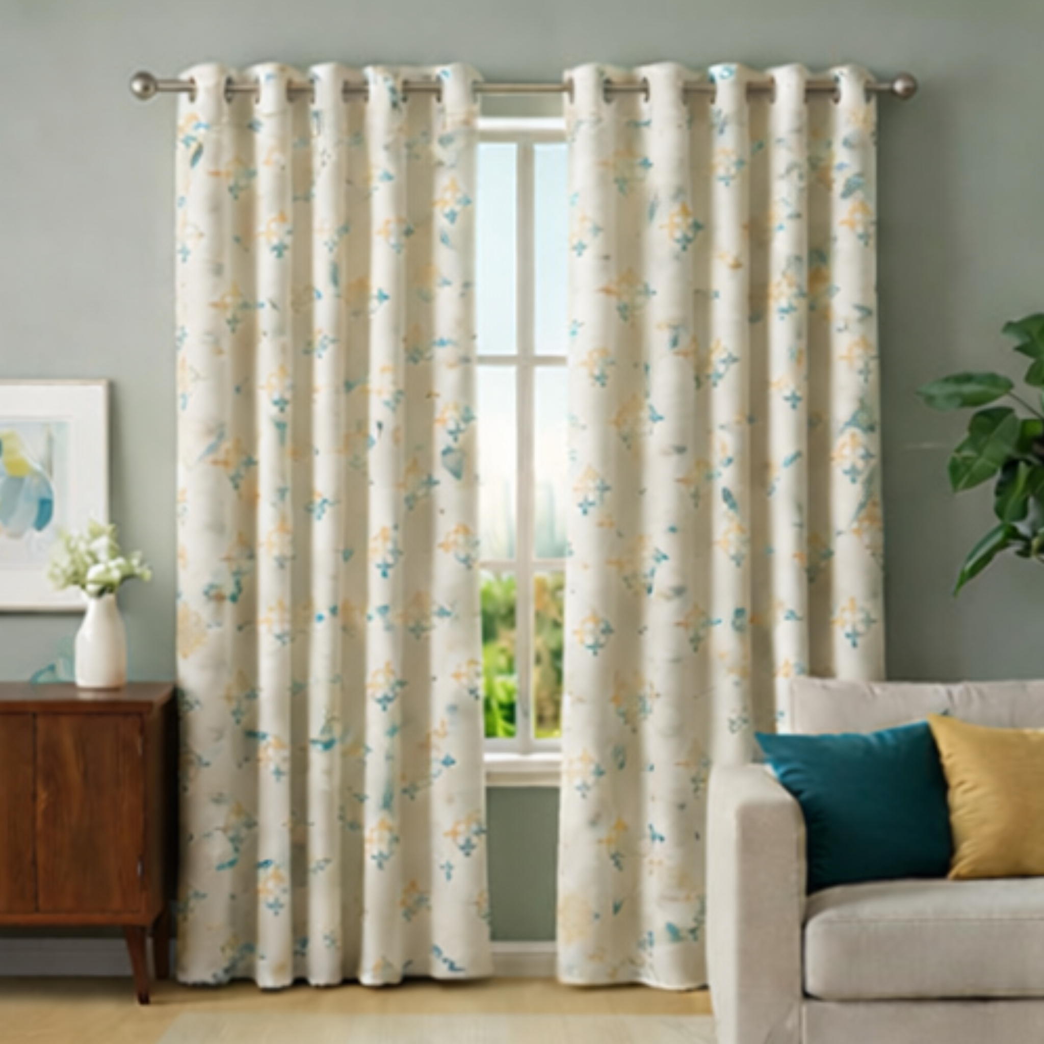 Cotton - Room Darkening Squre Floral Curtains - Pack of 1 Curtain