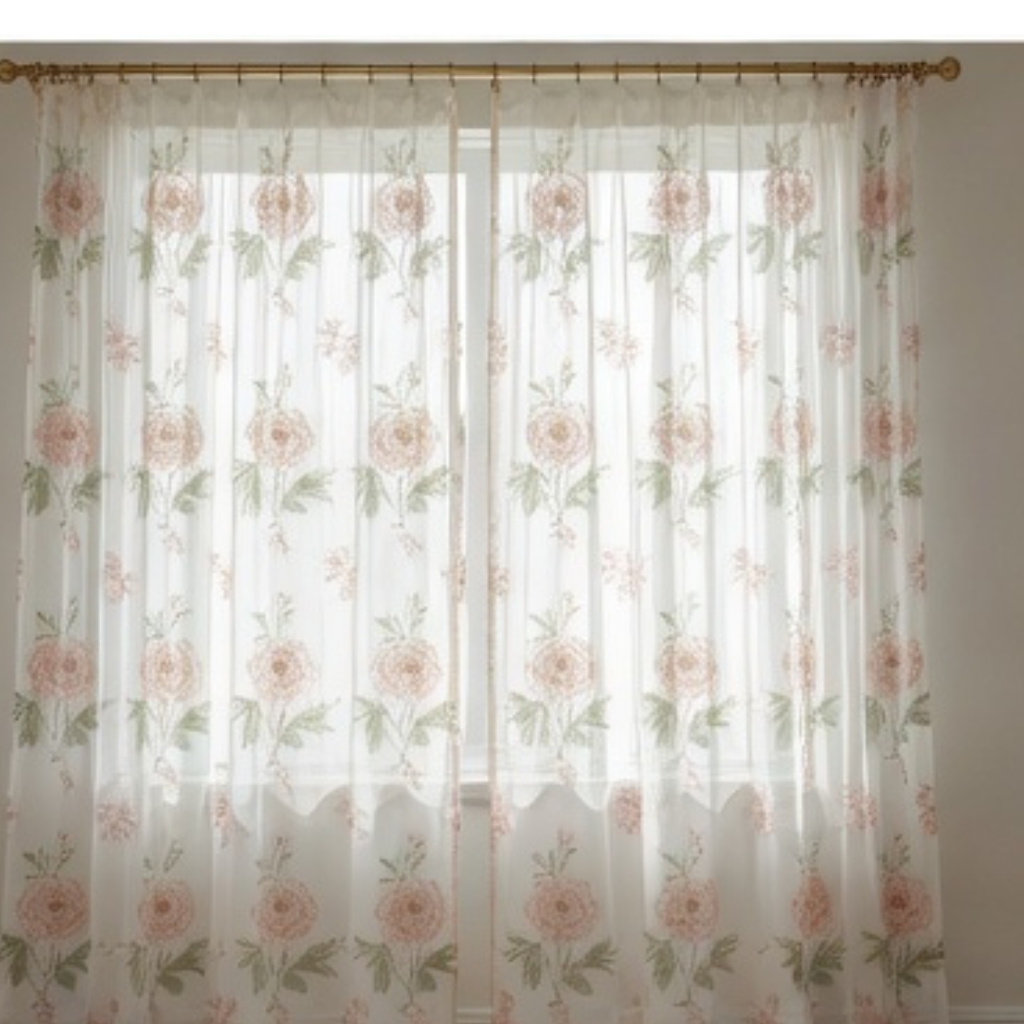 Linen Sheer - Big Pink Rose & Green Leaves Print - Pack Of 1 Curtain