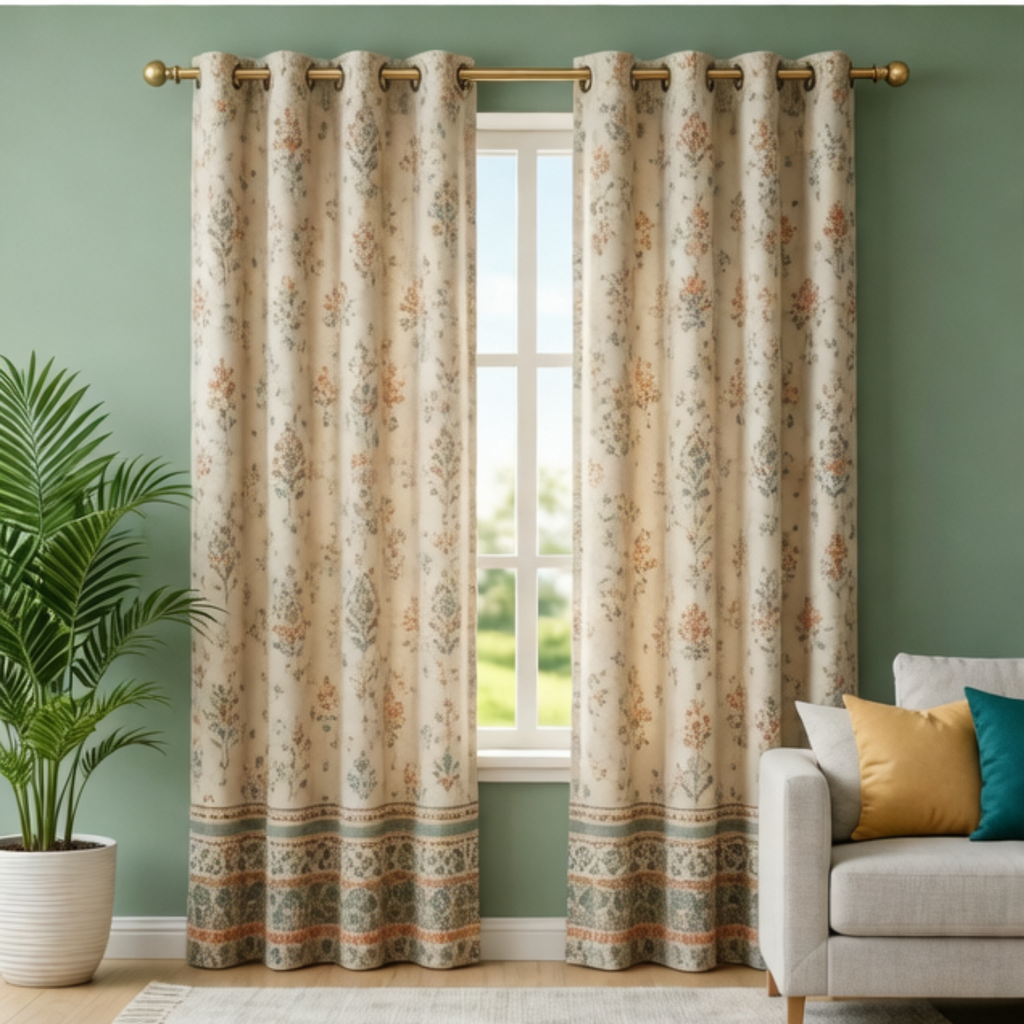 Cotton Heavy - Room Darkening Dusty Floral Bikaneri Print Curtains - Pack of 1
