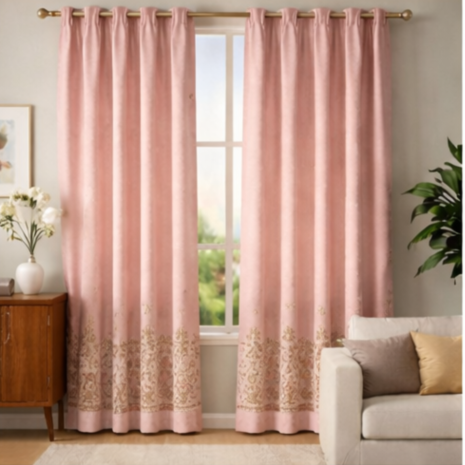 Cotton - Room Darkening Floral light pink Curtains - Pack of 1 Curtain