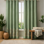 Cotton - Green with Bikaneri Ethnic Cream Print Curtain - Pack of 1 Curtain