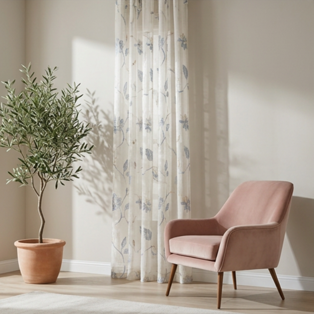 Linen Sheer - Blue Flower Print - Pack Of 1 Curtain