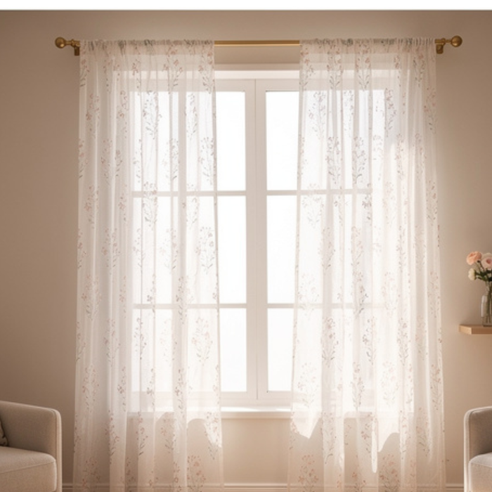 Linen Sheer - Pink Floral  Print - Pack Of 1 Curtain