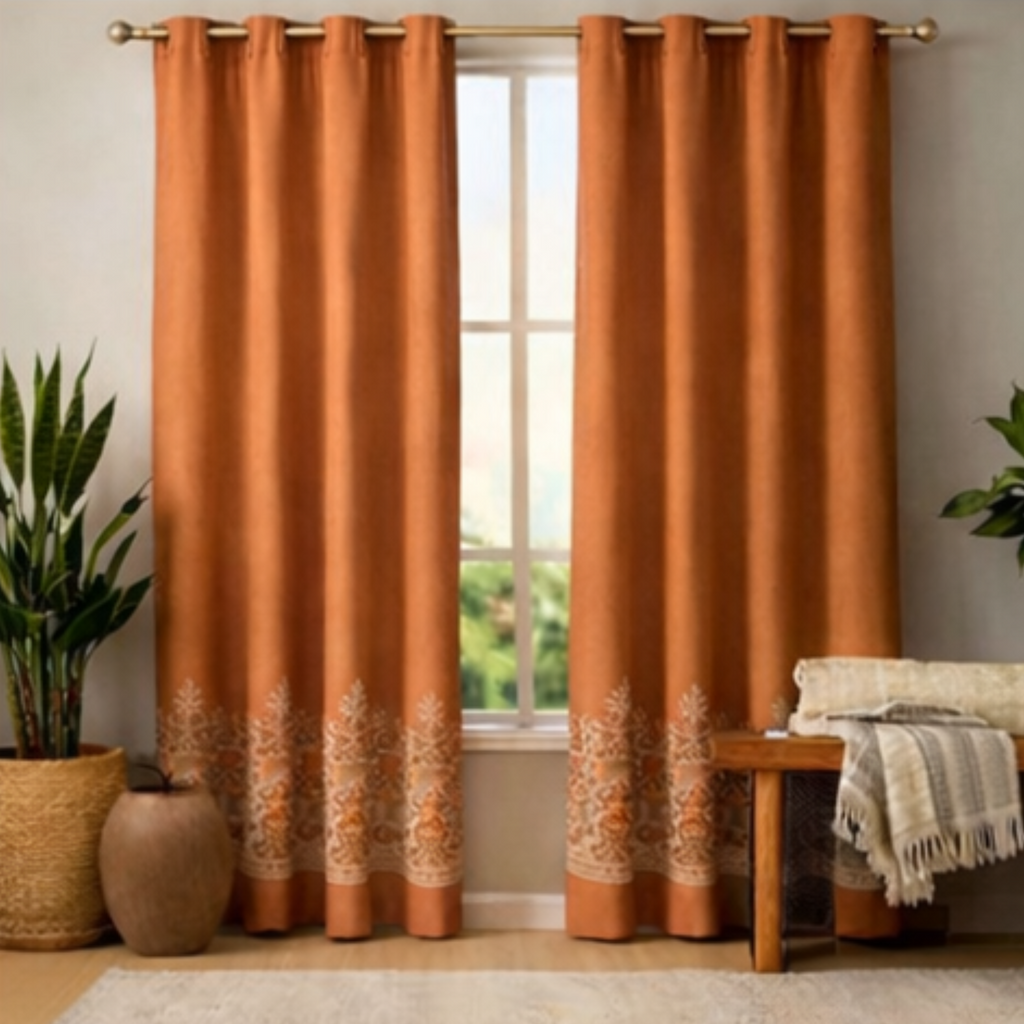 Cotton - Room Darkening Floral Orange Print Curtains - Pack of 1 Curtain