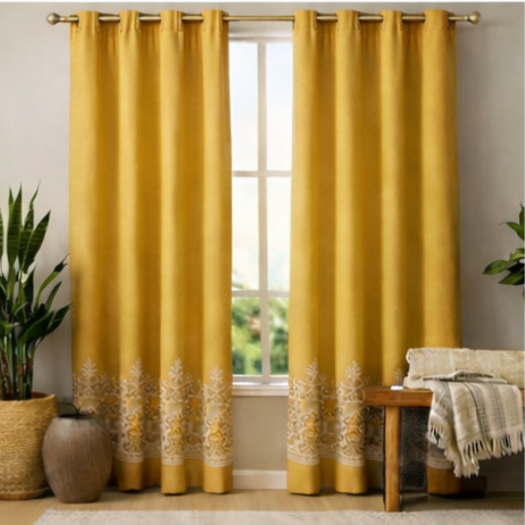 Cotton - Room darkening Floral Yellow Curtains - Pack of 1 Curtain