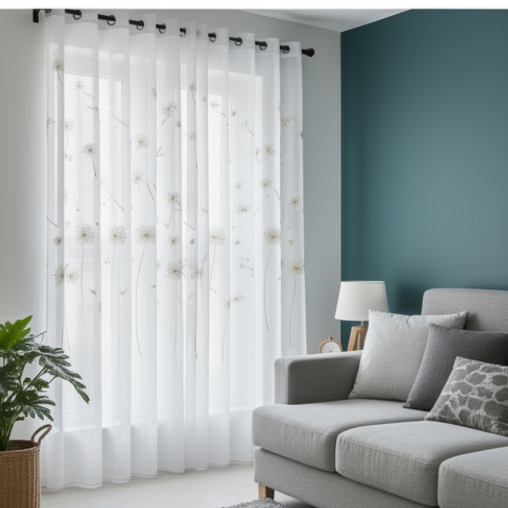 Linen Sheer - Yellow & Grey Dandelion Print - Pack Of 1 Curtain
