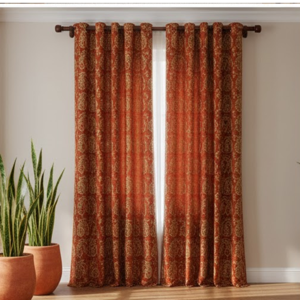 Cotton - Room Darkening Mehndi Desing Orenge Curtains - Pack of 1 Curtain