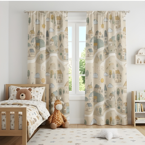 Kids Prints - Town Trees & Huts - Pack Of 1 Curtain