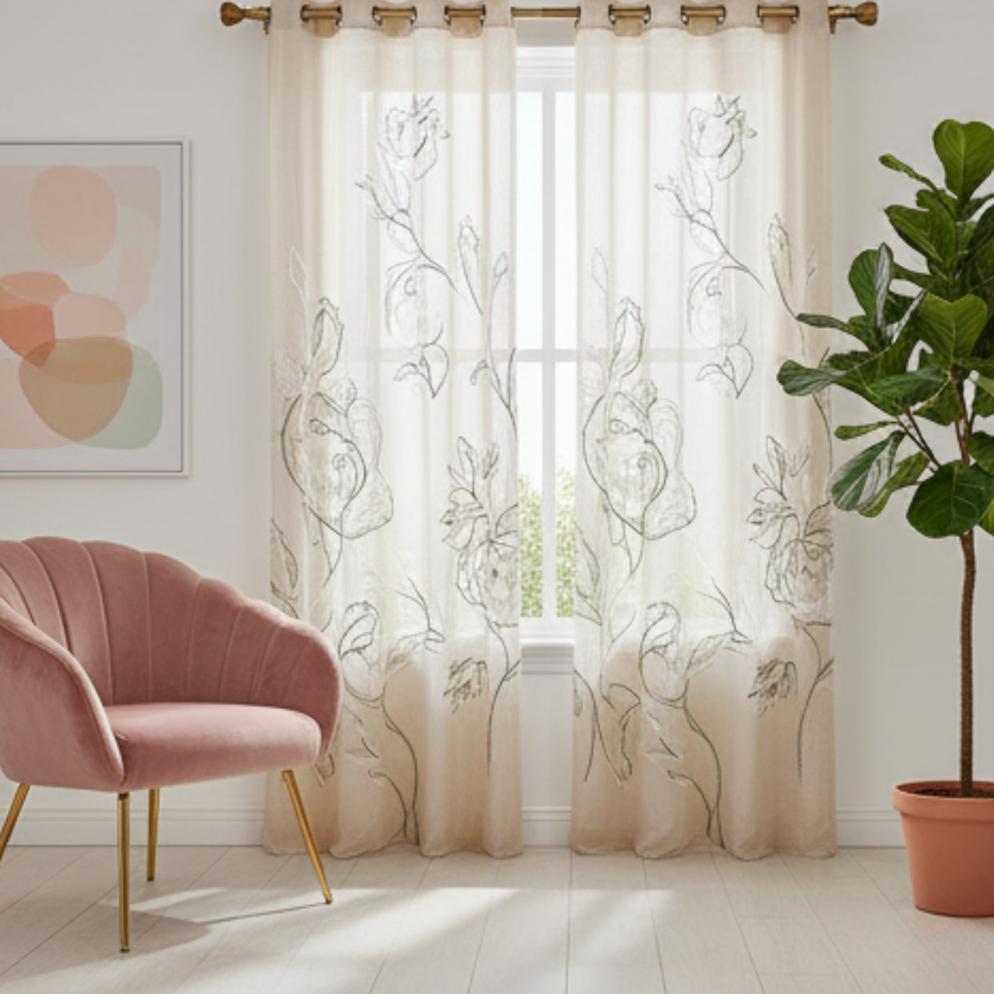 Linen Sheer - Floral Print - Pack Of 1 Curtain