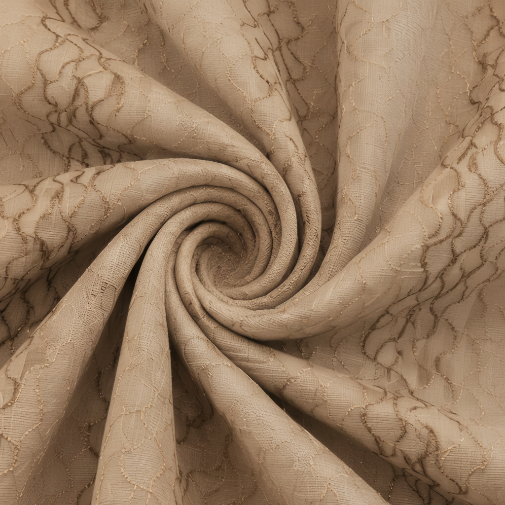 A close-up of draped fabric with a soft, sheer texture and an allover wavy geometric pattern in light gray and beige tones, arranged in a spiral.