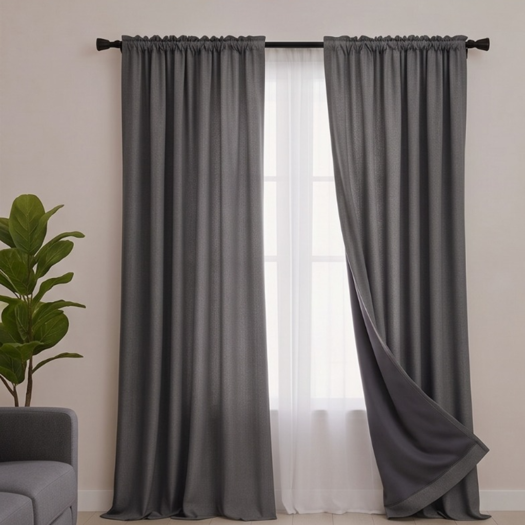 Blackout grey curtains providing room darkening for a modern interior 
