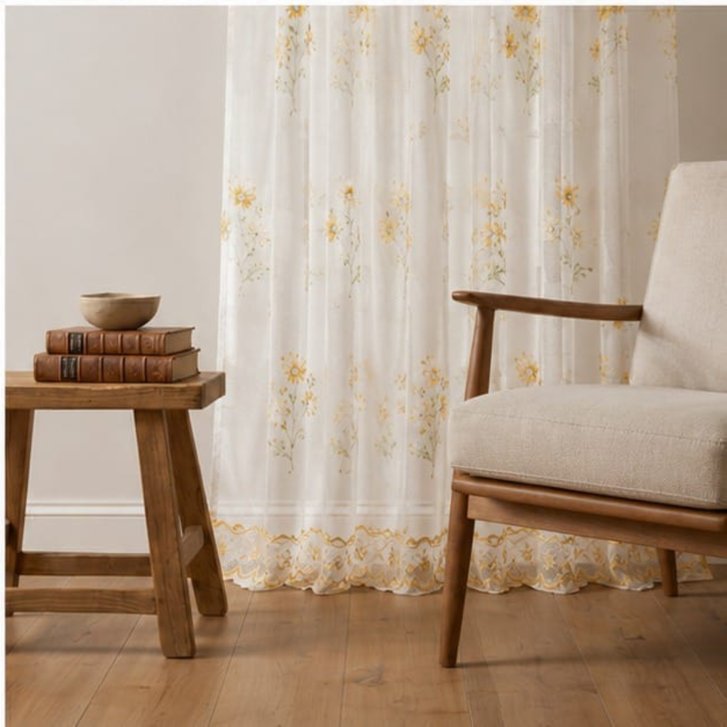Linen Sheer - Yellow Floral Print - Pack Of 1 Curtain