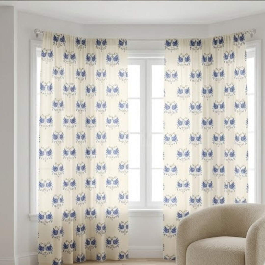 Linen Sheer -  Blue Small birds Print - Pack Of 1 Curtain