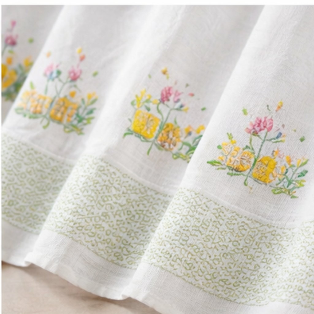 Linen Sheer - White Fabric with Floral Print - Pack Of 1 Curtain