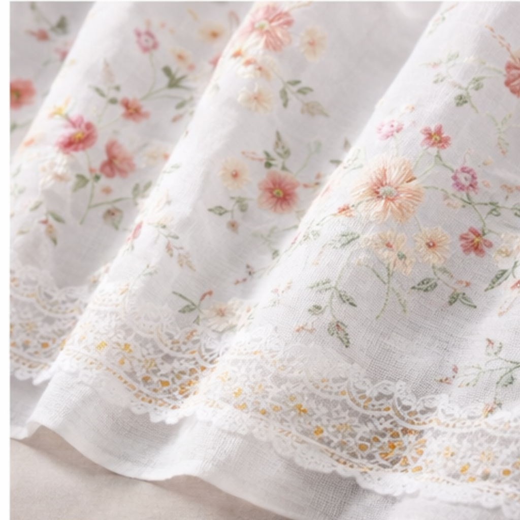 Linen Sheer - Orange Pink Flower Print with Bottom Lace - Pack Of 1 Curtain