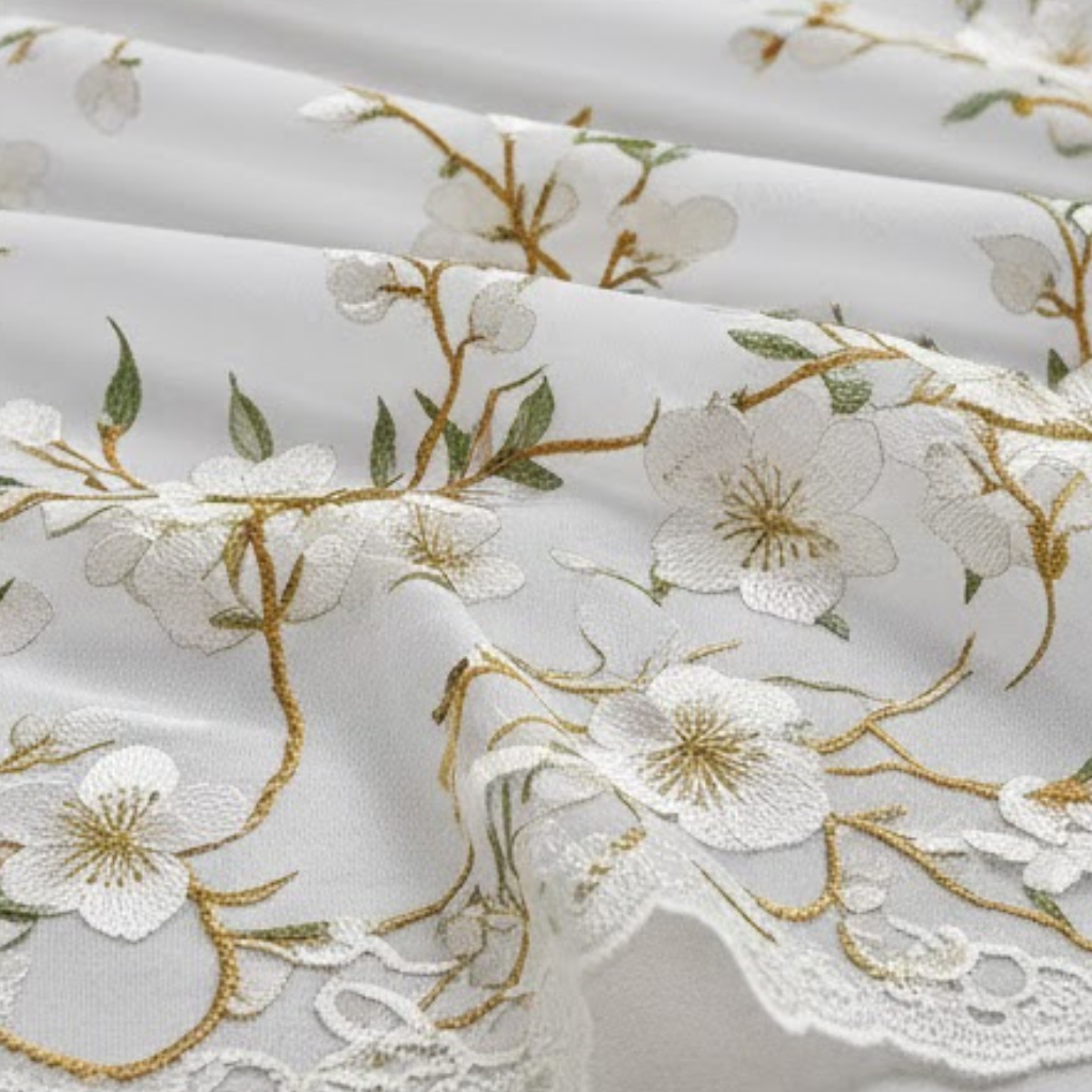 Linen Sheer - Gold and Green Floral Print - Pack Of 1 Curtain