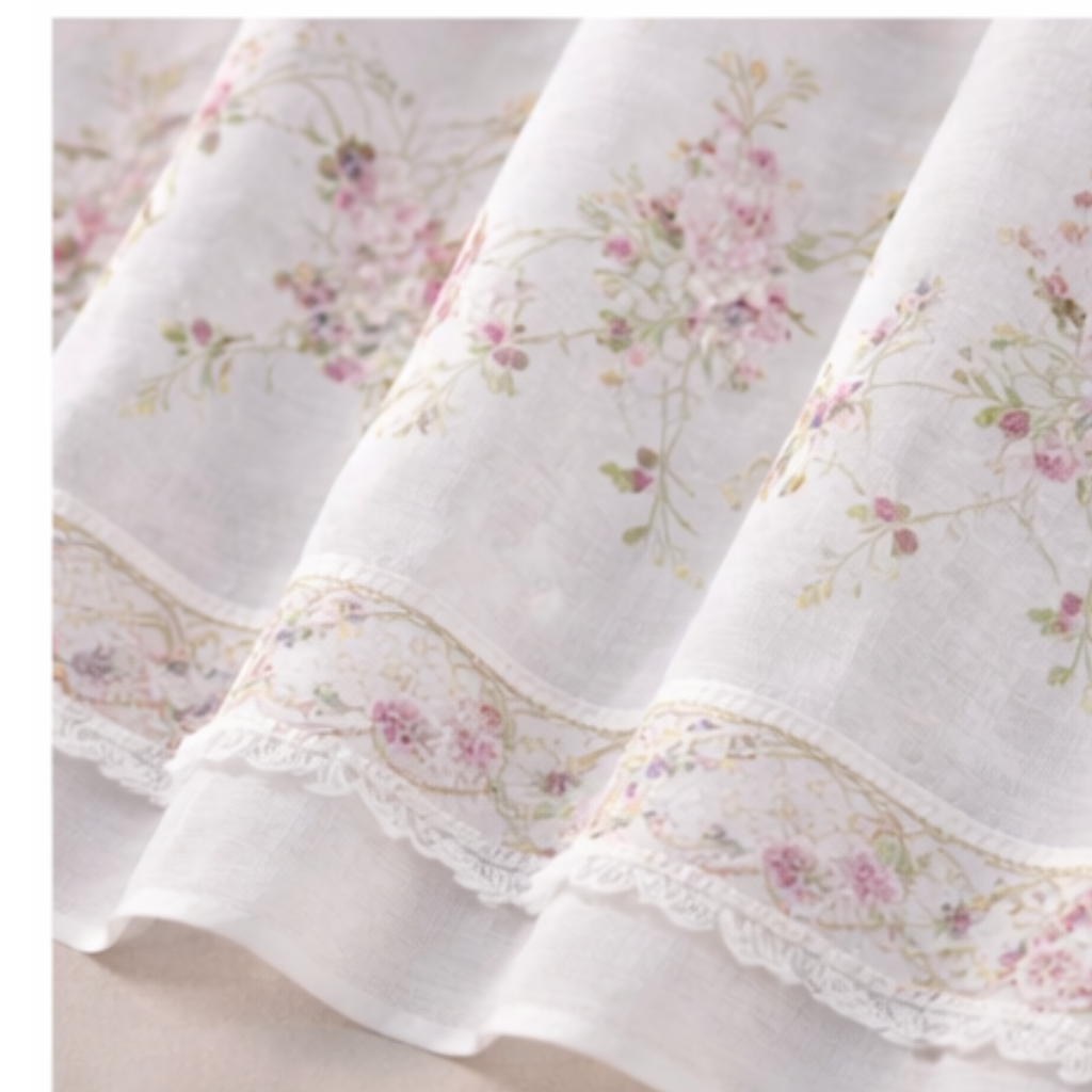 Linen Sheer -  Floral curtains with lace trim Print - Pack Of 1 Curtain