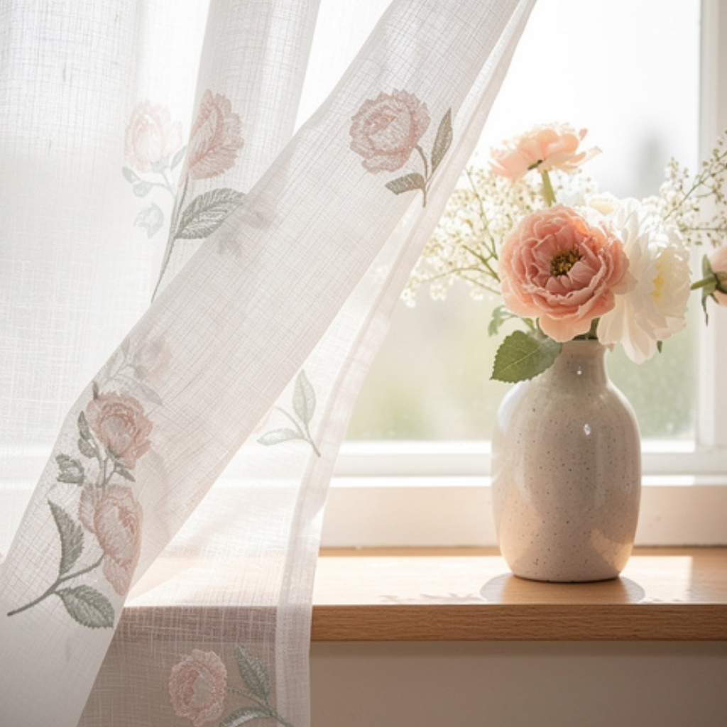 Linen Sheer - Pink Rose Print - Pack Of 1 Curtain
