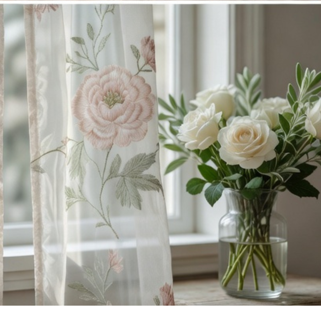 Linen Sheer - Big Pink Rose & Green Leaves Print - Pack Of 1 Curtain