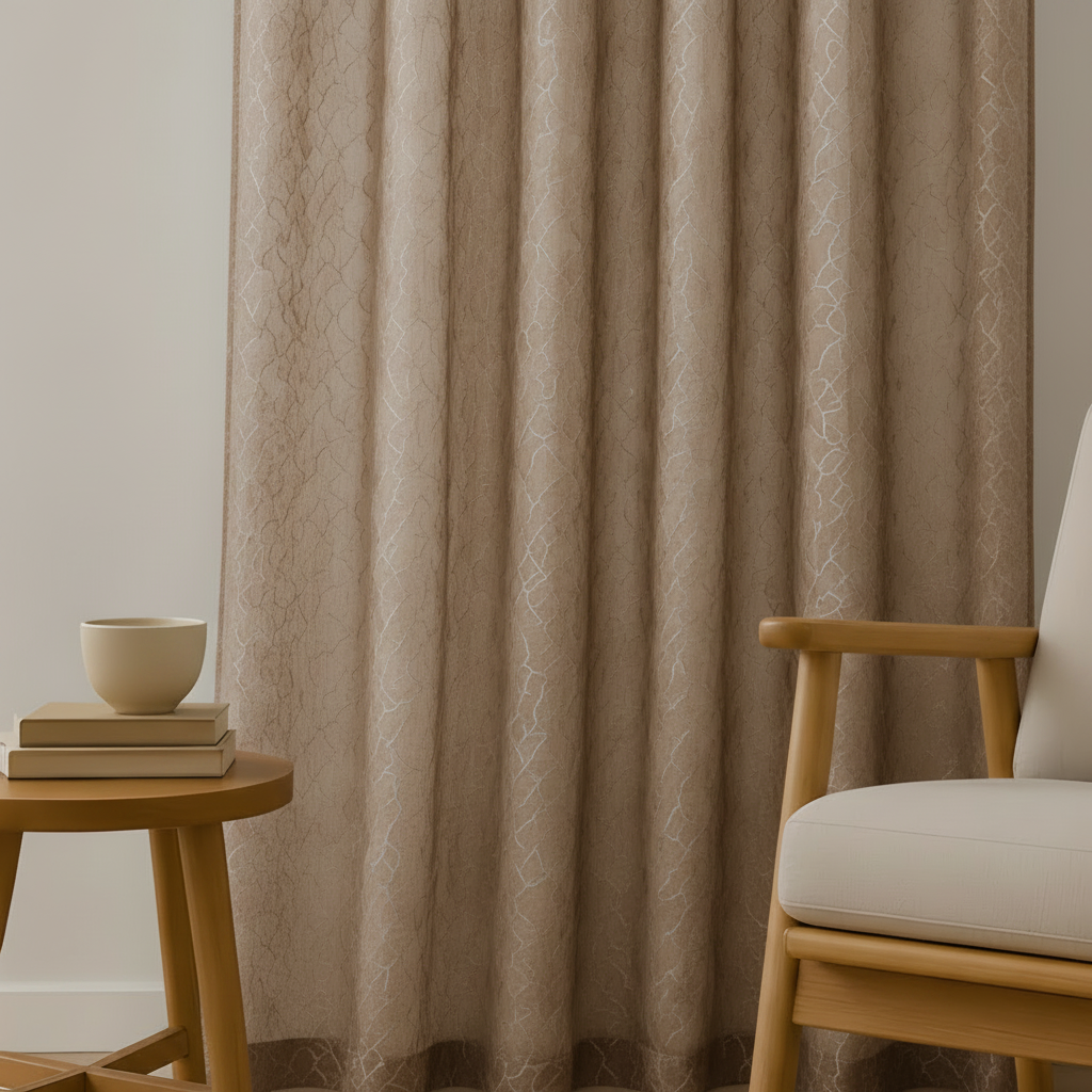 A light gray curtain with a subtle  wavy pattern hanging in a room setting, styled with a wooden side table holding books and a bowl on the left, and a wooden chair with a cream cushion on the right.
