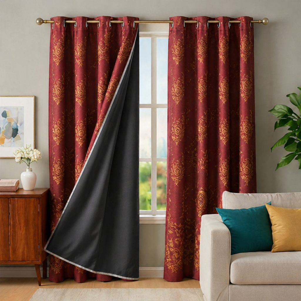 Cotton - Room Darkening Floral Maroon Curtains - Pack of 1 Curtain