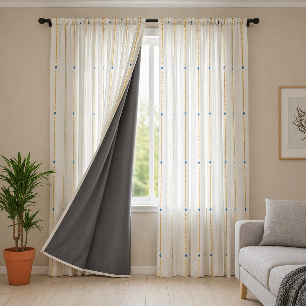 Cotton Light - Yellow Stripes Blue Kalash Print - Pack of 1 Curtain