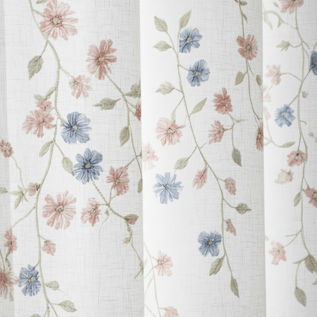 Floral patterned fabric with pink, blue, and green flowers on a white background