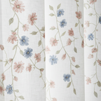 Floral patterned fabric with pink, blue, and green flowers on a white background