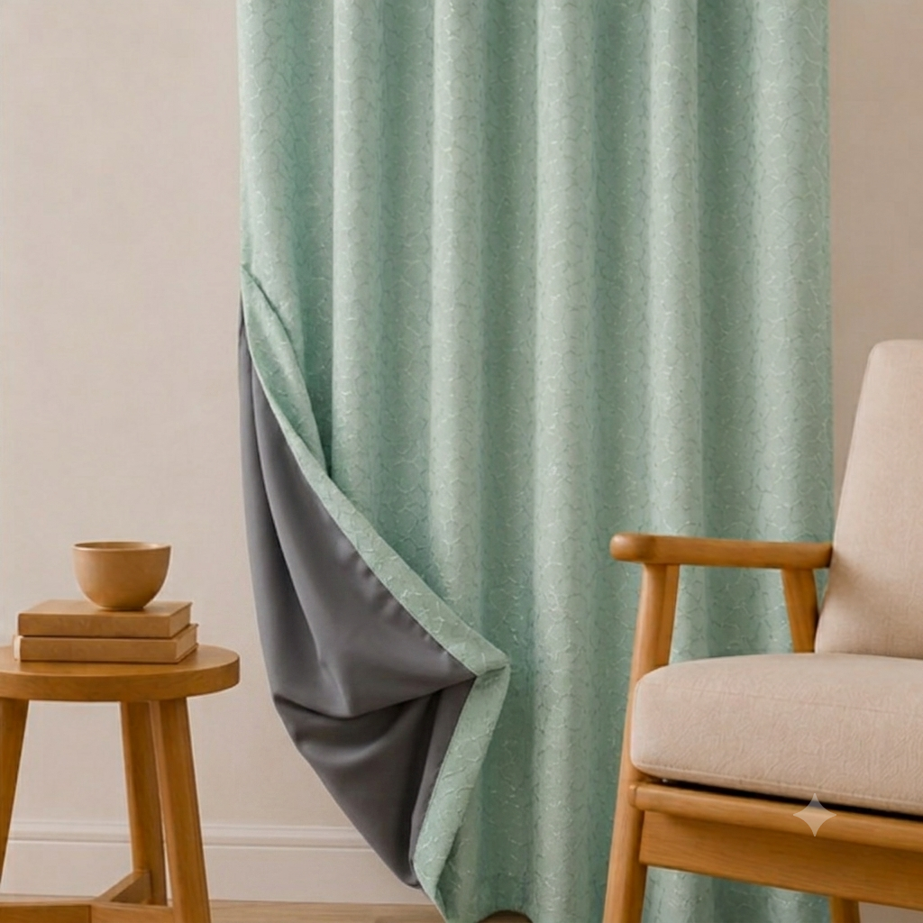 A sage green curtain panel with a subtle woven pattern, shown hanging in a room setting with a wooden stool and a light-colored armchair.