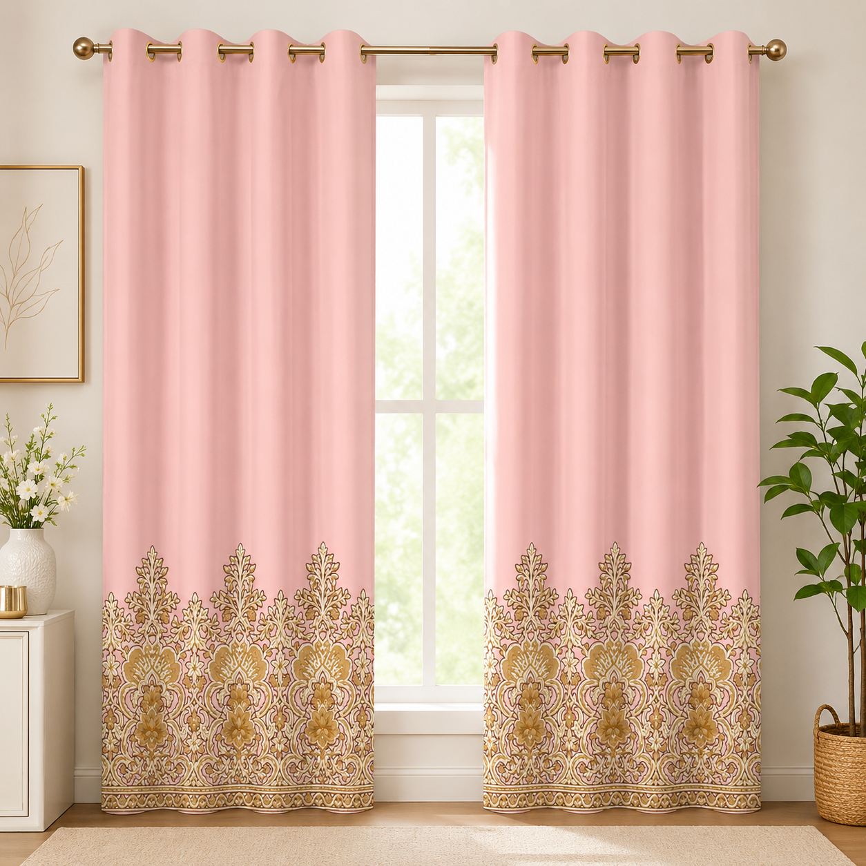 Cotton - Room Darkening Light pink Bikaneri Print - Pack of 1 Curtain